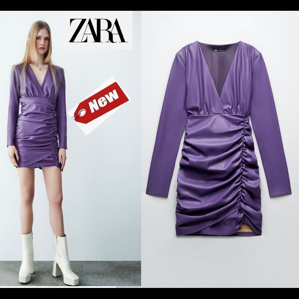 ZARA purple faux leather long sleeve V-neck ruched mini dress Sz L NWT